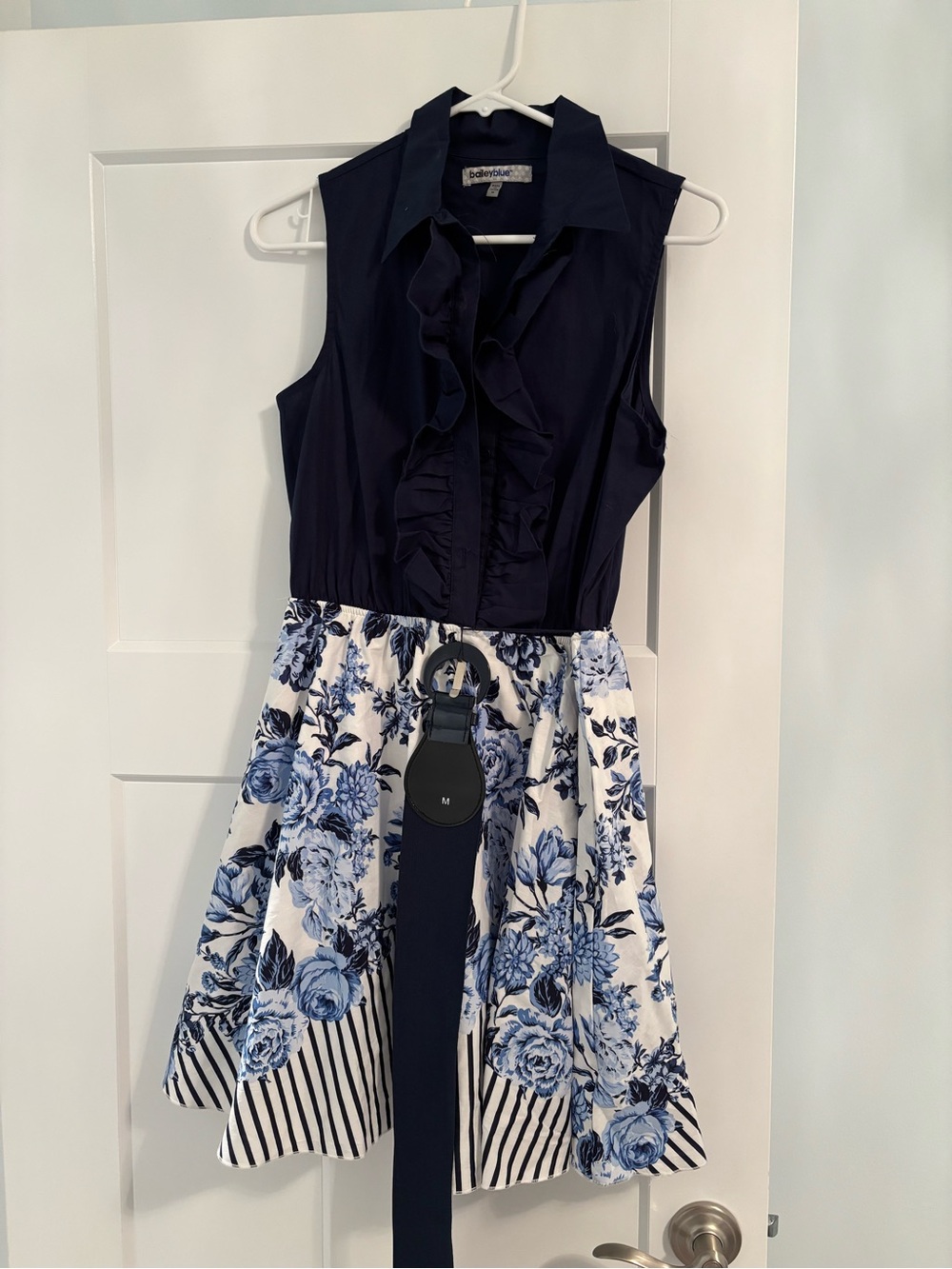 Blue Floral Ruffle-Front Women’s Junior Dress with Belt